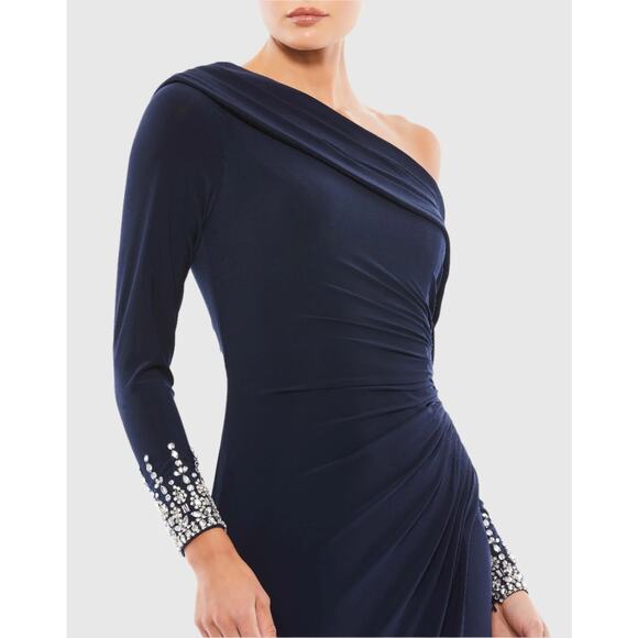 Mac Duggal Navy Beaded Cuff Drop Shoulder Faux Wrap Gown Size 4 $398 - Picture 4 of 11